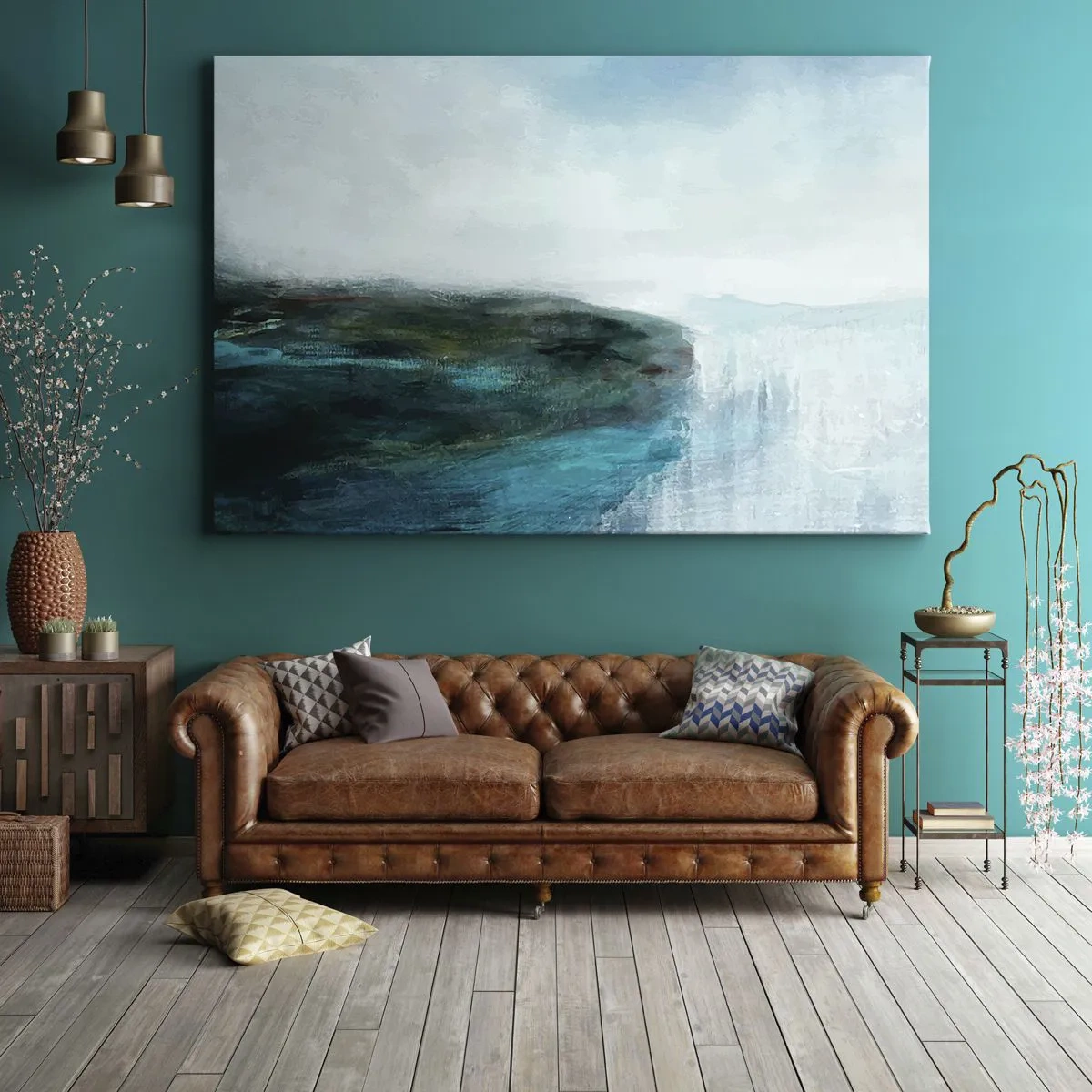 Canvastavla - Bild på duk - Abstrakt landskap i nyanser av turkos och grått - 70x50cm - Marin abstraktion - Modern väggdekoration för vardagsrum och sovrum ARTTOR