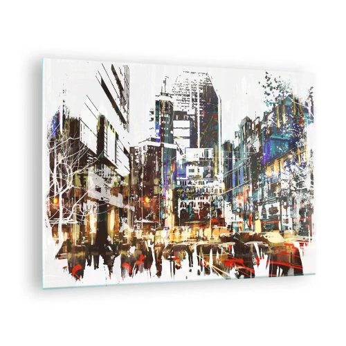 Glastavla - Bild på glas - Färgglada stadsljus i en konstnärlig, glittrande stil - 70x50cm - Blinkande stad - Modern väggdekoration för vardagsrum och sovrum ARTTOR