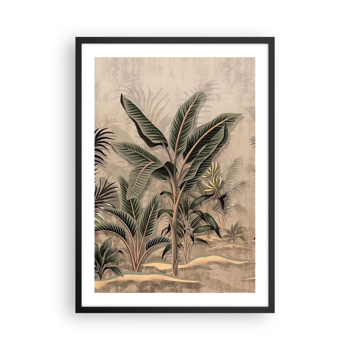 Affisch i svart ram - Exotisk vegetation på en beige bakgrund - 50x70cm - Bild i kolonial stil - Modern väggdekoration för vardagsrum och sovrum ARTTOR
