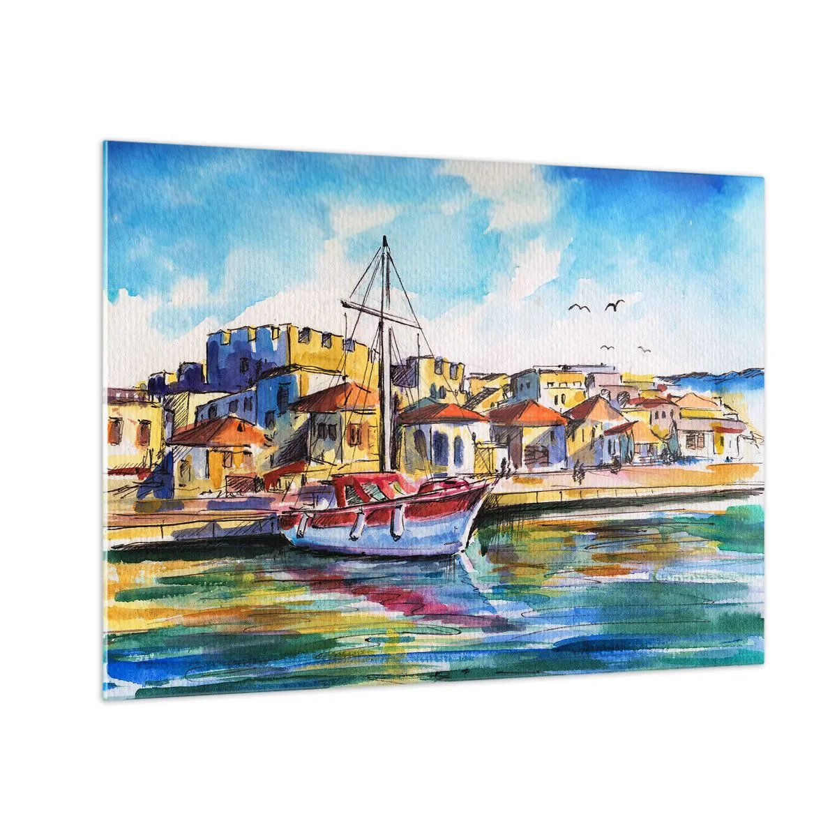 Glastavla - Bild på glas - En färgglad marina med segelbåt och medelhavsarkitektur - 70x50cm - Regnbågseftermiddag - Modern väggdekoration för vardagsrum och sovrum ARTTOR