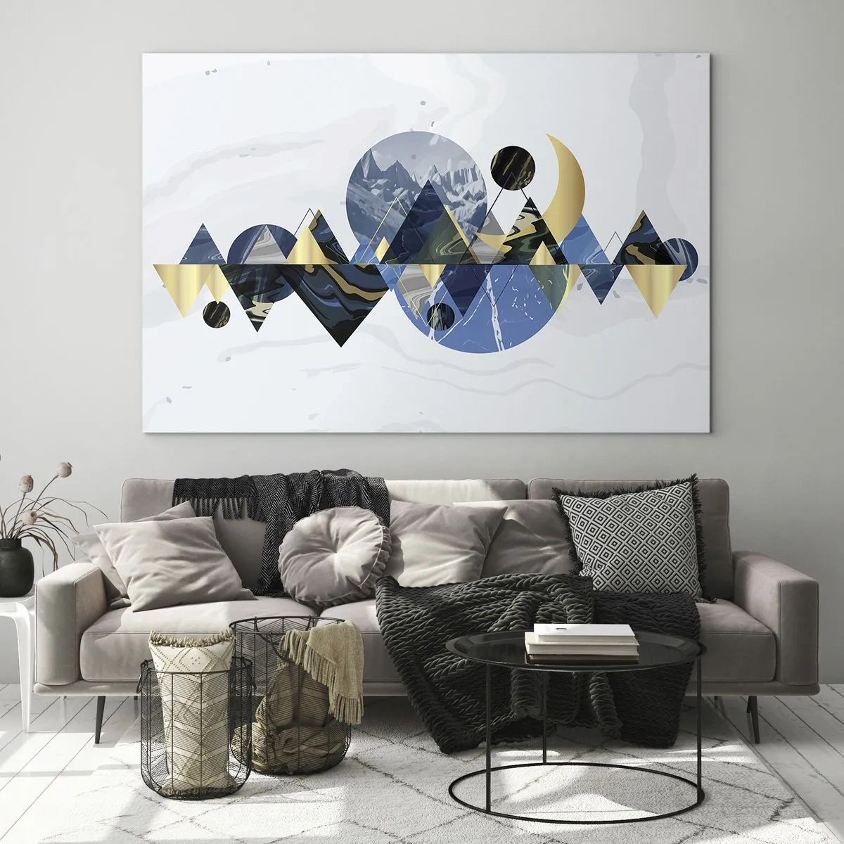 Glastavla - Bild på glas - Abstrakta geometriska figurer i nyanser av marinblått och guld - 70x50cm - Geometriskt landskap - Modern väggdekoration för vardagsrum och sovrum ARTTOR