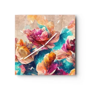 Väggklocka - Klocka på glas - Den färgsprakande prakten hos en bukett - 40x40 cm