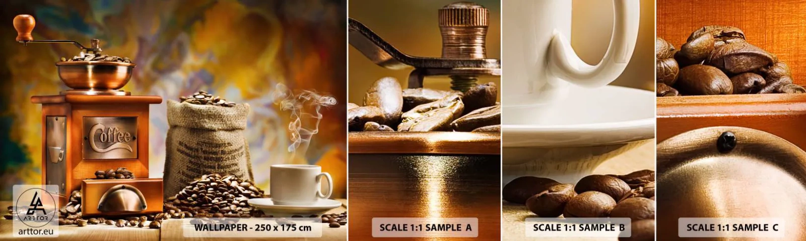 Fototapet Prov Standard Eco - Knastrande bönor, bullrande kvarn - Gastronomi, Kaffe, Kaffekvarn - 100x30 cm