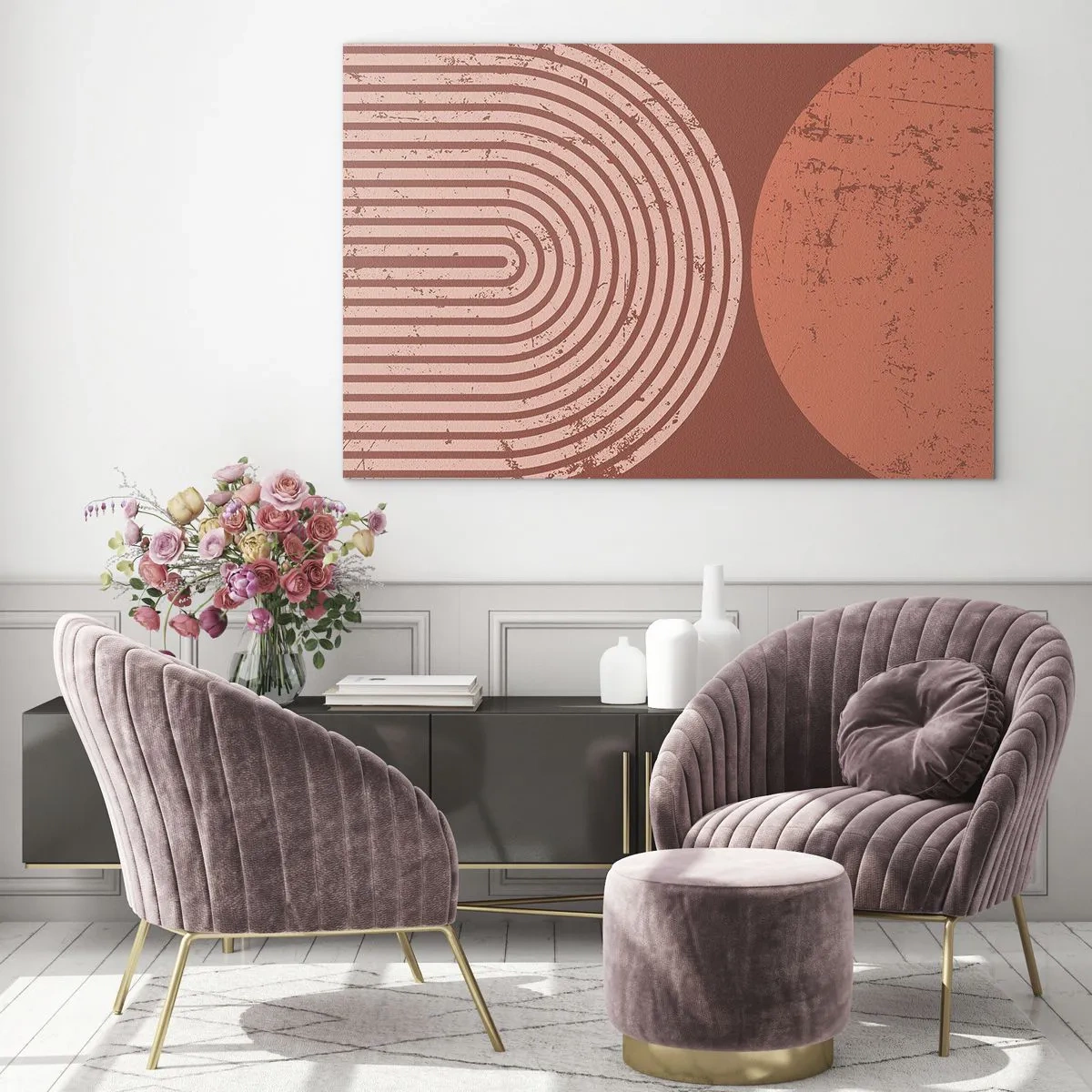 Glastavla - Bild på glas - Geometrisk rostfärgad grafik med en halvcirkel och en cirkel - 70x50cm - Nära relation - Modern väggdekoration för vardagsrum och sovrum ARTTOR