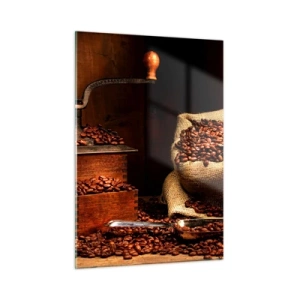 Glastavla - Bild på glas - Stilleben med kaffebönor och kvarn - 50x70 cm