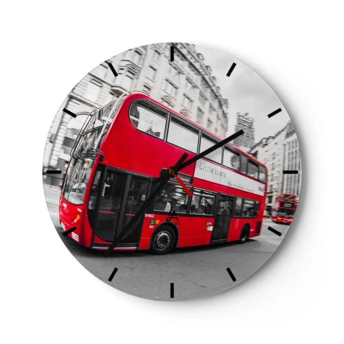 Väggklocka - Klocka på glas - En röd buss i London med historiska byggnader i bakgrunden - 30x30cm - Londo traditionellt - by bus - Modern väggdekoration för vardagsrum, kök och sovrum ARTTOR