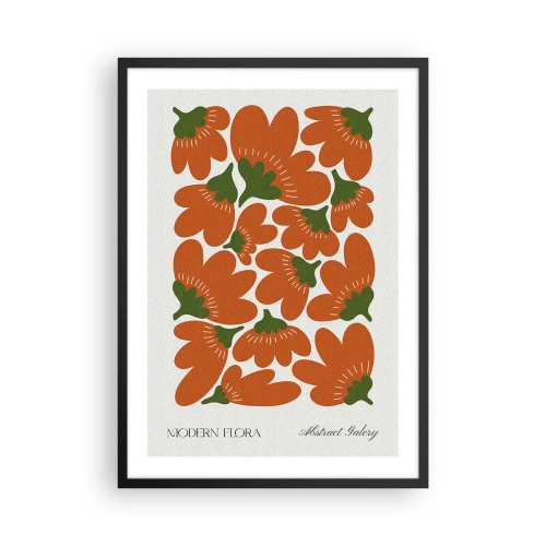 Affisch i svart ram - Abstrakta orange blommor på en ljus bakgrund - 50x70cm - Ur blommornas liv - Modern väggdekoration för vardagsrum och sovrum ARTTOR