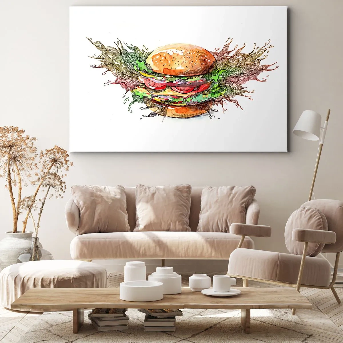Canvastavla - Bild på duk - Konstnärlig illustration av en hamburgare med dynamiska element - 70x50cm - Het frestelse - Modern väggdekoration för vardagsrum och sovrum ARTTOR