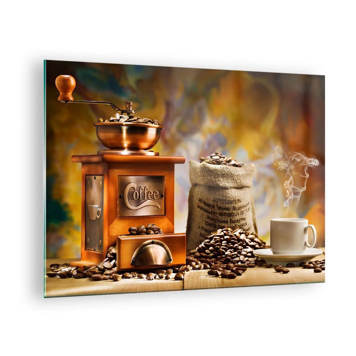 Glastavla - Bild på glas - Kaffekvarn, bönor och en kopp på ett träbord - 70x50cm - Knastrande bönor, bullrande kvarn - Modern väggdekoration för vardagsrum och sovrum ARTTOR