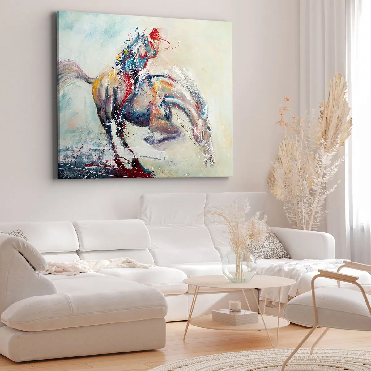 Canvastavla - Bild på duk - En dynamisk bild av en häst i en abstrakt konstnärlig stil. - 70x50cm - Håll i, vi flyger - Modern väggdekoration för vardagsrum och sovrum ARTTOR