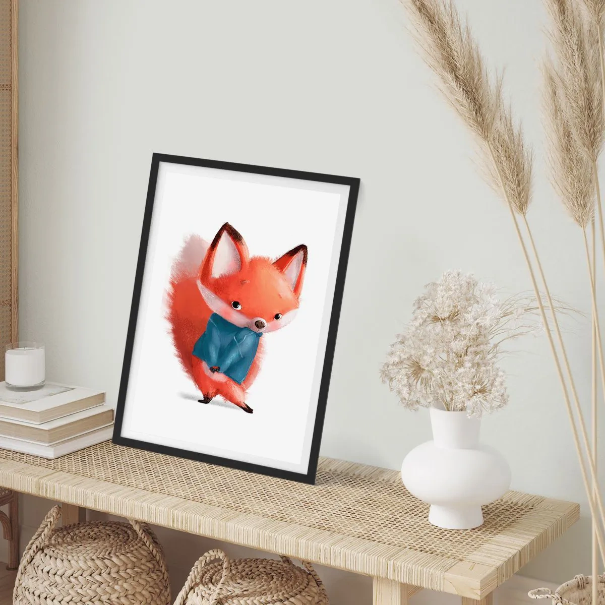 Affisch i svart ram - En charmig röd räv i en blå tröja - 50x70cm - Ser jag bra ut? - Modern väggdekoration för vardagsrum och sovrum ARTTOR