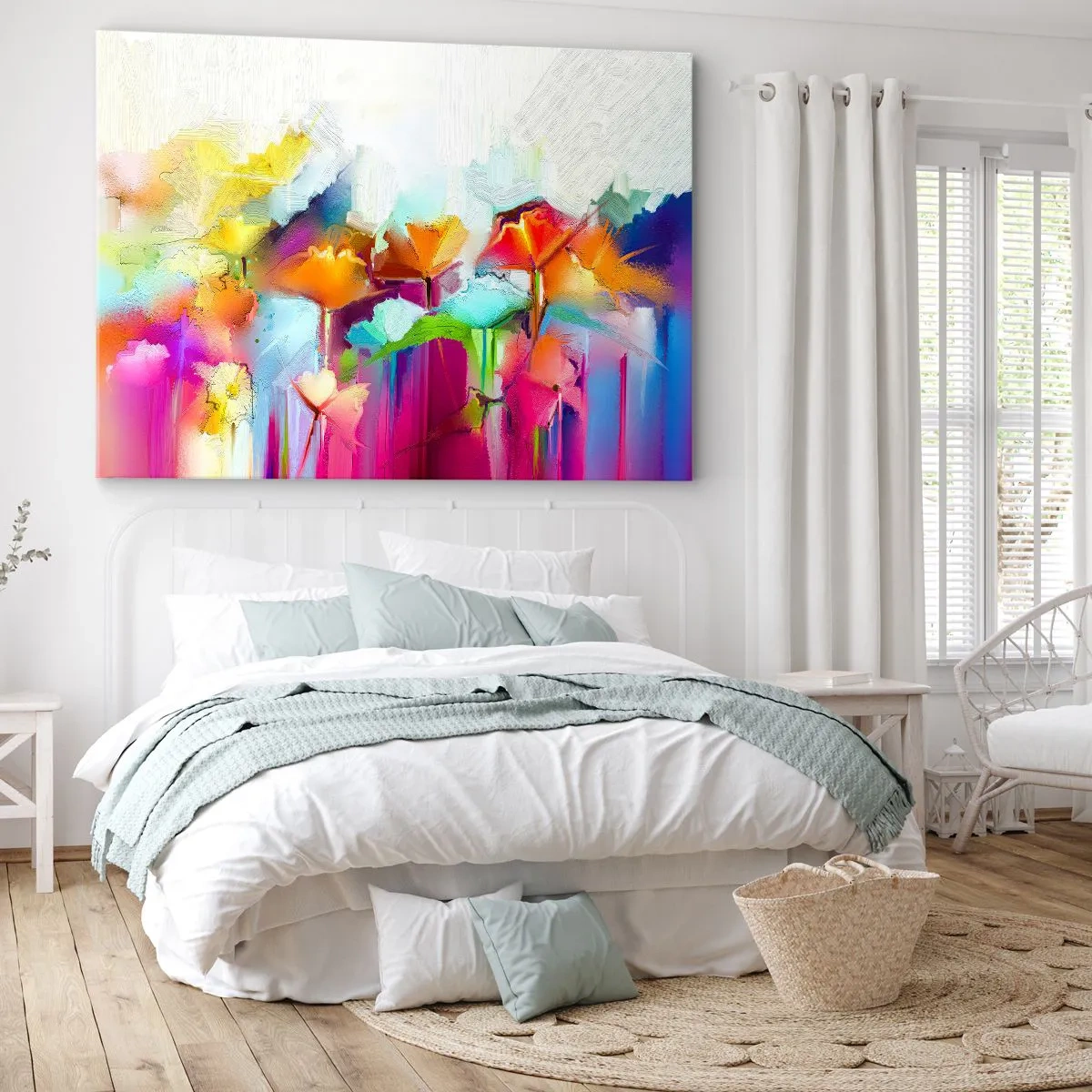 Canvastavla - Bild på duk - Abstrakta färgglada blommor på en ljus bakgrund - 70x50cm - Regnbågen blommar - Modern väggdekoration för vardagsrum och sovrum ARTTOR
