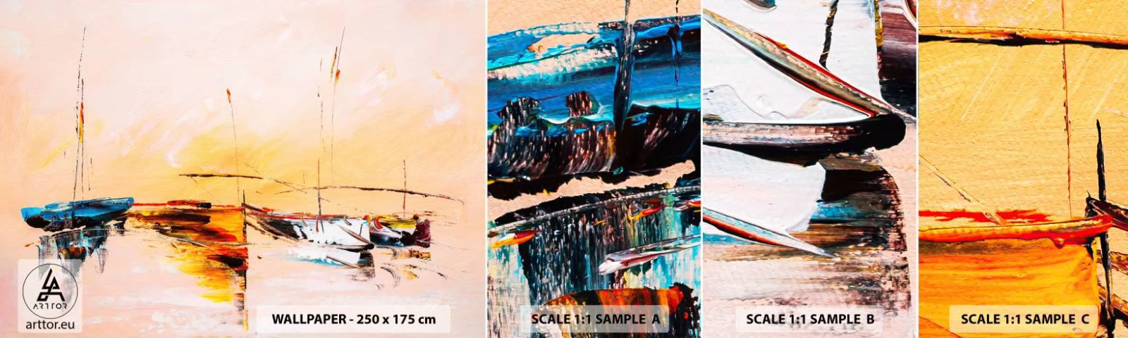 Provbit av självhäftande fototapet Deluxe Sticker - En kväll i hamnen - Båtar, Segelbåtar, Bit - 100x30 cm