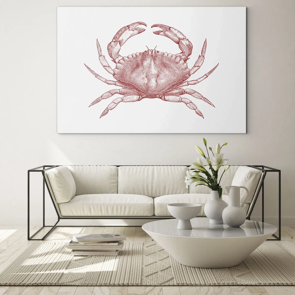 Glastavla - Bild på glas - Skiss av en röd krabba på en ljus bakgrund i retrostil - 70x50cm - Krabba över krabbor - Modern väggdekoration för vardagsrum och sovrum ARTTOR