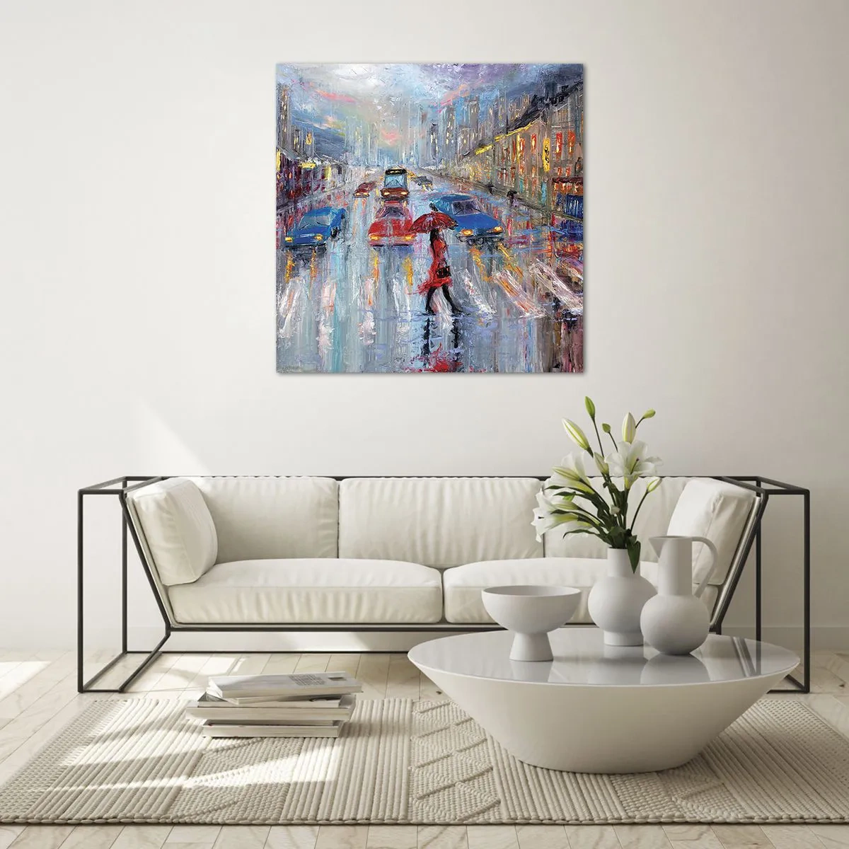 Glastavla - Bild på glas - Regnig eftermiddag i staden - 70x70 cm