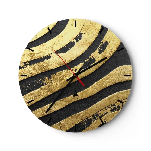 Väggklocka - Klocka på glas - Abstrakt mönster i guld och svart - 30x30cm - Allt flyter - Modern väggdekoration för vardagsrum, kök och sovrum ARTTOR