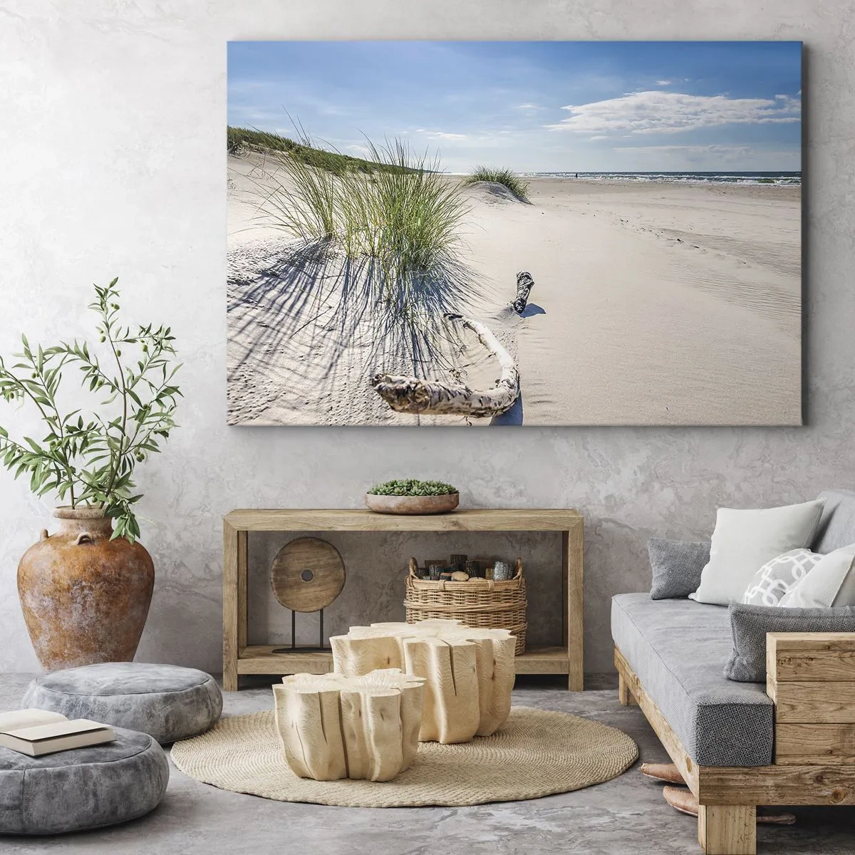 Canvastavla - Bild på duk - En baltisk strand med sand, gräs och en lugn blå himmel - 70x50cm - Vackrast? Östersjöstrand - Modern väggdekoration för vardagsrum och sovrum ARTTOR