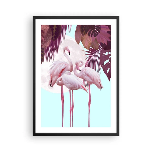 Affisch i svart ram - Flamingos mot en bakgrund av tropiskt lövverk och en fullmåne - 50x70cm - De tre fågelgracena - Modern väggdekoration för vardagsrum och sovrum ARTTOR