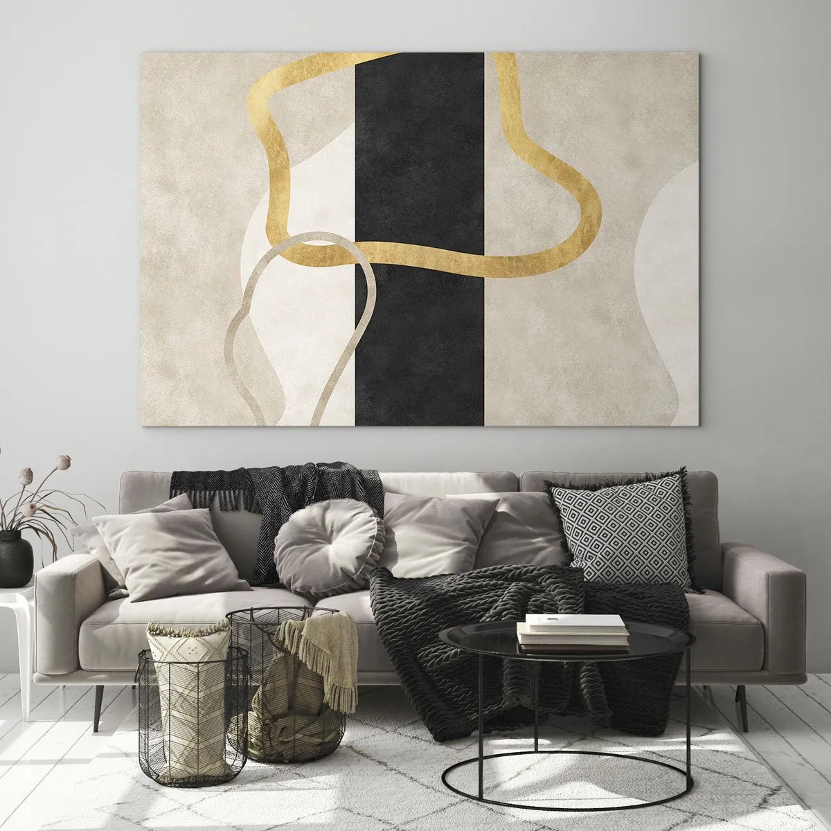 Glastavla - Bild på glas - Guld- och beige linjer som bildar slingor mot en svartrandig bakgrund. - 70x50cm - Slingrande former - Modern väggdekoration för vardagsrum och sovrum ARTTOR