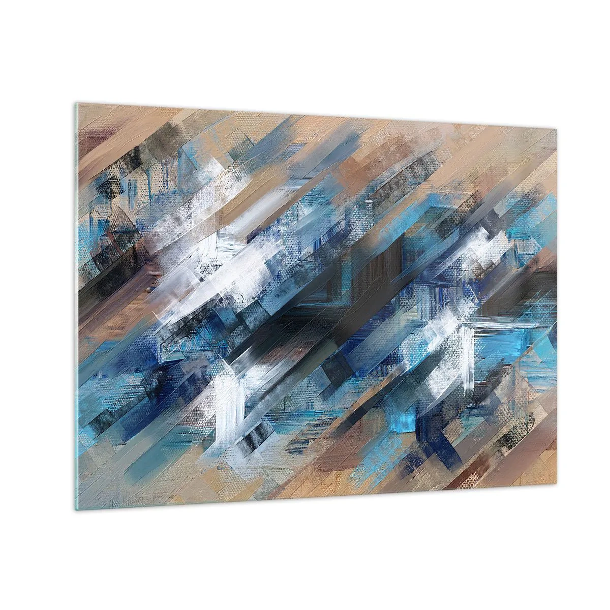 Glastavla - Bild på glas - Abstrakta diagonala ränder i nyanser av blått, vitt och beige - 70x50cm - På en blå sluttning - Modern väggdekoration för vardagsrum och sovrum ARTTOR