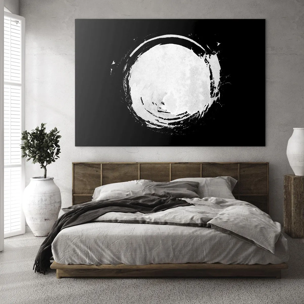 Glastavla - Bild på glas - Vit abstrakt cirkel på svart bakgrund - 70x50cm - Den goda vägen ut - Modern väggdekoration för vardagsrum och sovrum ARTTOR