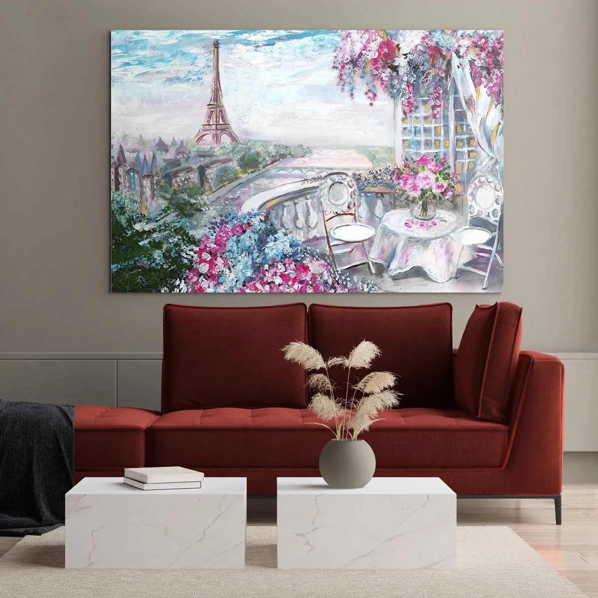 Glastavla - Bild på glas - Illustration av en vy över Eiffeltornet med en balkong full av blommor - 70x50cm - Här är vackrast i maj - Modern väggdekoration för vardagsrum och sovrum ARTTOR
