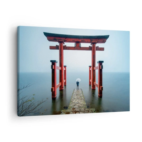 Canvastavla - Bild på duk - En toriiport med utsikt över en lugn sjö i Japan - 70x50cm - Japansk begrundan - Modern väggdekoration för vardagsrum och sovrum ARTTOR