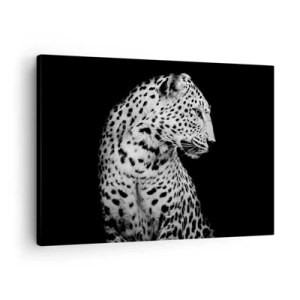 Canvastavla - Bild på duk - Svartvit bild av en leopard mot svart bakgrund - 70x50cm - Perfekt höger profil! - Modern väggdekoration för vardagsrum och sovrum ARTTOR