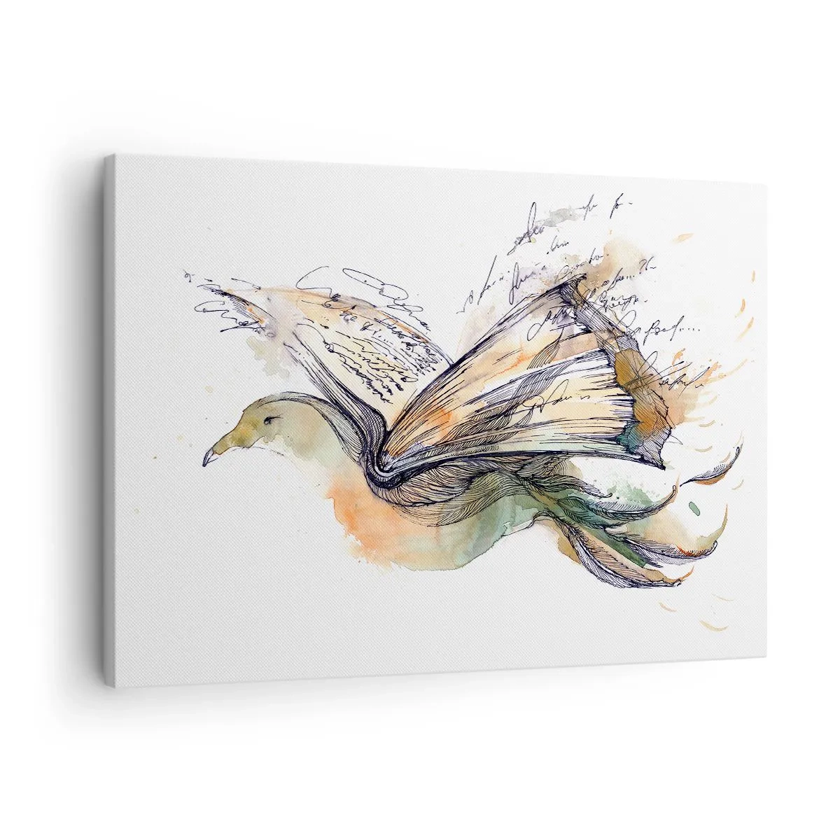 Canvastavla - Bild på duk - Konstnärlig akvarellmålning av en fågel med en bok som vingar - 70x50cm - På poesins vingar - Modern väggdekoration för vardagsrum och sovrum ARTTOR