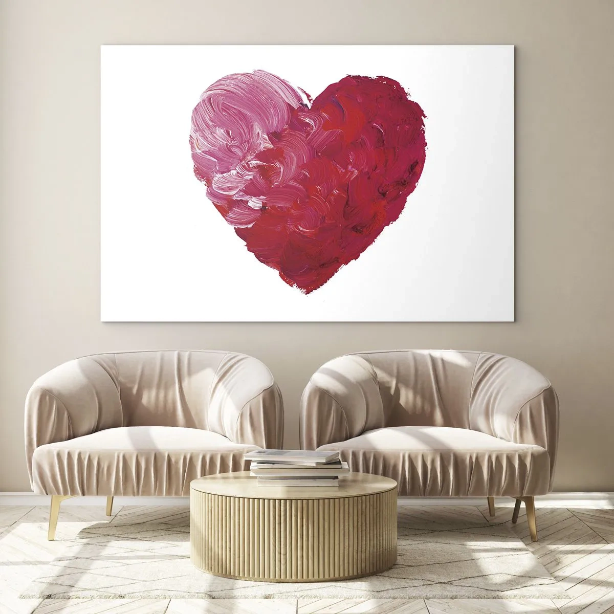 Glastavla - Bild på glas - Abstrakt hjärta målat med röda penseldrag - 70x50cm - All you need is love - Modern väggdekoration för vardagsrum och sovrum ARTTOR