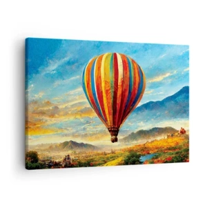 Canvastavla - Bild på duk - En färgglad ballong över ett pittoreskt landskap - 70x50cm - I tystnad ser man mer - Modern väggdekoration för vardagsrum och sovrum ARTTOR