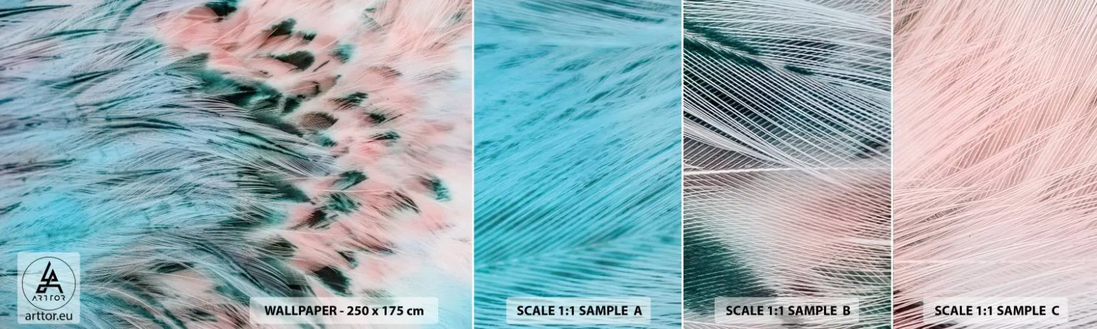 Provbit av självhäftande fototapet Deluxe Sticker - Safir-rosa dun - Abstraktion, Bit, Fågelfjädrar - 100x30 cm