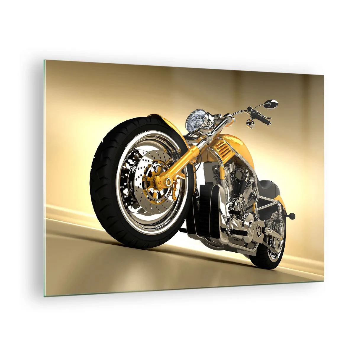 Glastavla - Bild på glas - En guldfärgad specialbyggd motorcykel mot en ljus bakgrund - 70x50cm - En dröm om styrka och skönhet - Modern väggdekoration för vardagsrum och sovrum ARTTOR