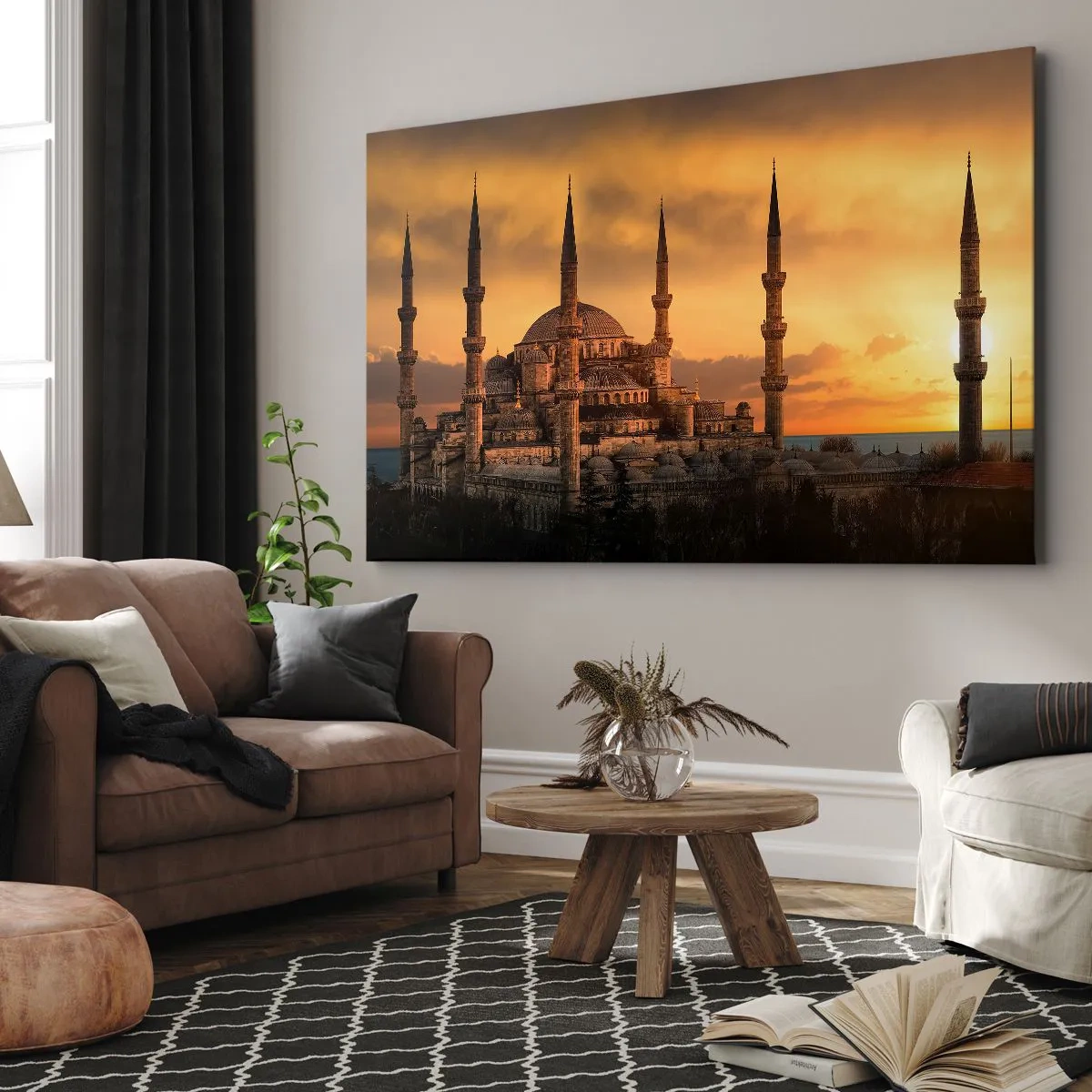 Canvastavla - Bild på duk - Moskén vid solnedgången i varma färger - 70x50cm - Gud är stor - Modern väggdekoration för vardagsrum och sovrum ARTTOR