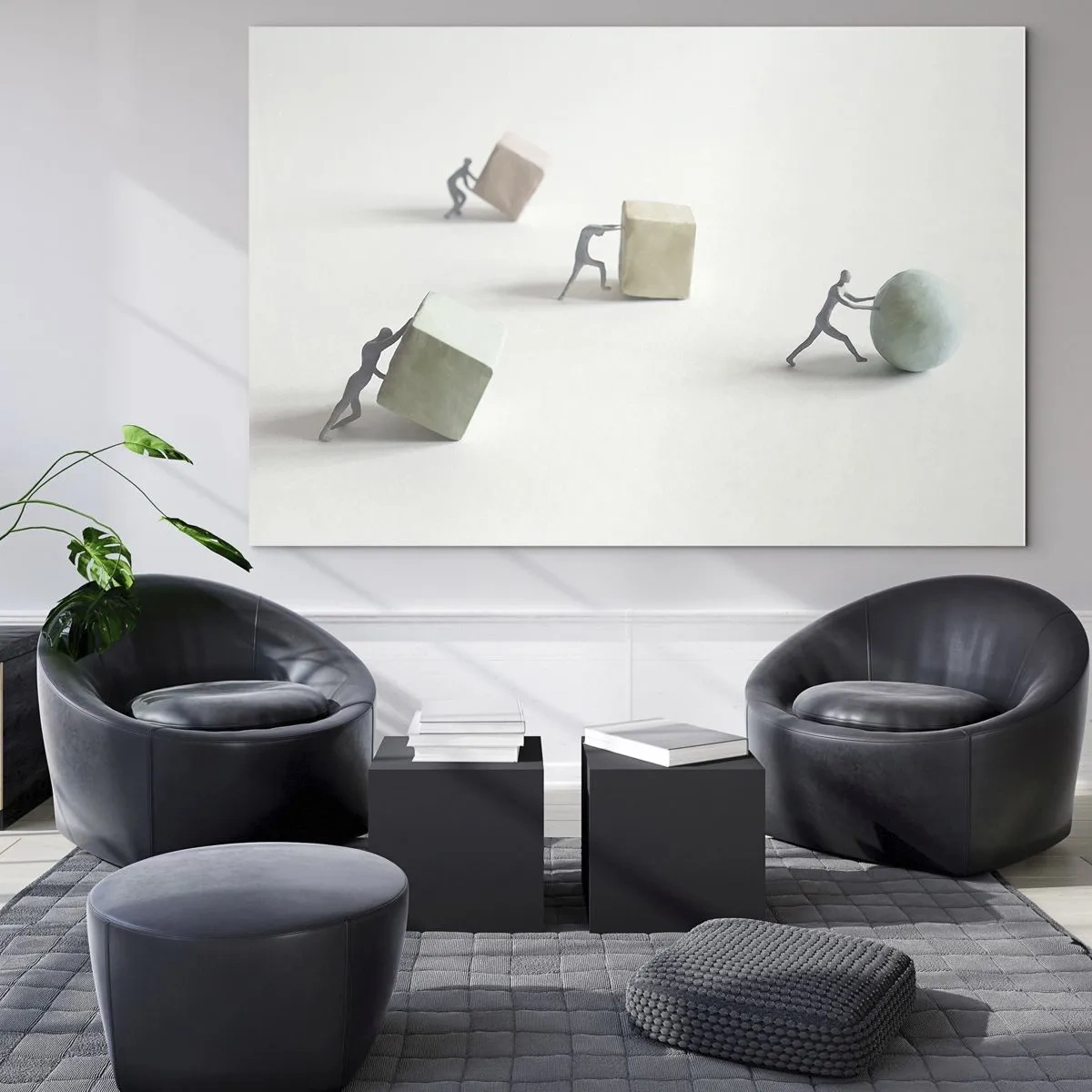 Glastavla - Bild på glas - Miniatyrfigurer rullar och knuffar geometriska former. - 70x50cm - Livet leker - Modern väggdekoration för vardagsrum och sovrum ARTTOR