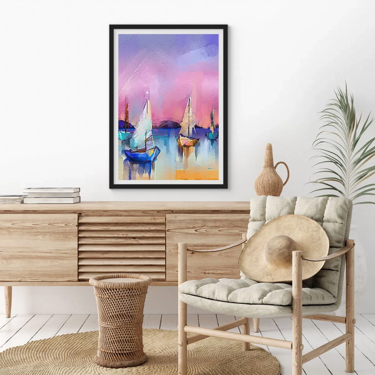 Affisch i svart ram - Abstrakta segelbåtar på en färgglad bakgrund - 50x70cm - Riktning: öppet vatten - Modern väggdekoration för vardagsrum och sovrum ARTTOR
