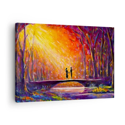 Canvastavla - Bild på duk - Romantiska par på en bro i höstskogen - 70x50cm - Himlen älskar också dem - Modern väggdekoration för vardagsrum och sovrum ARTTOR