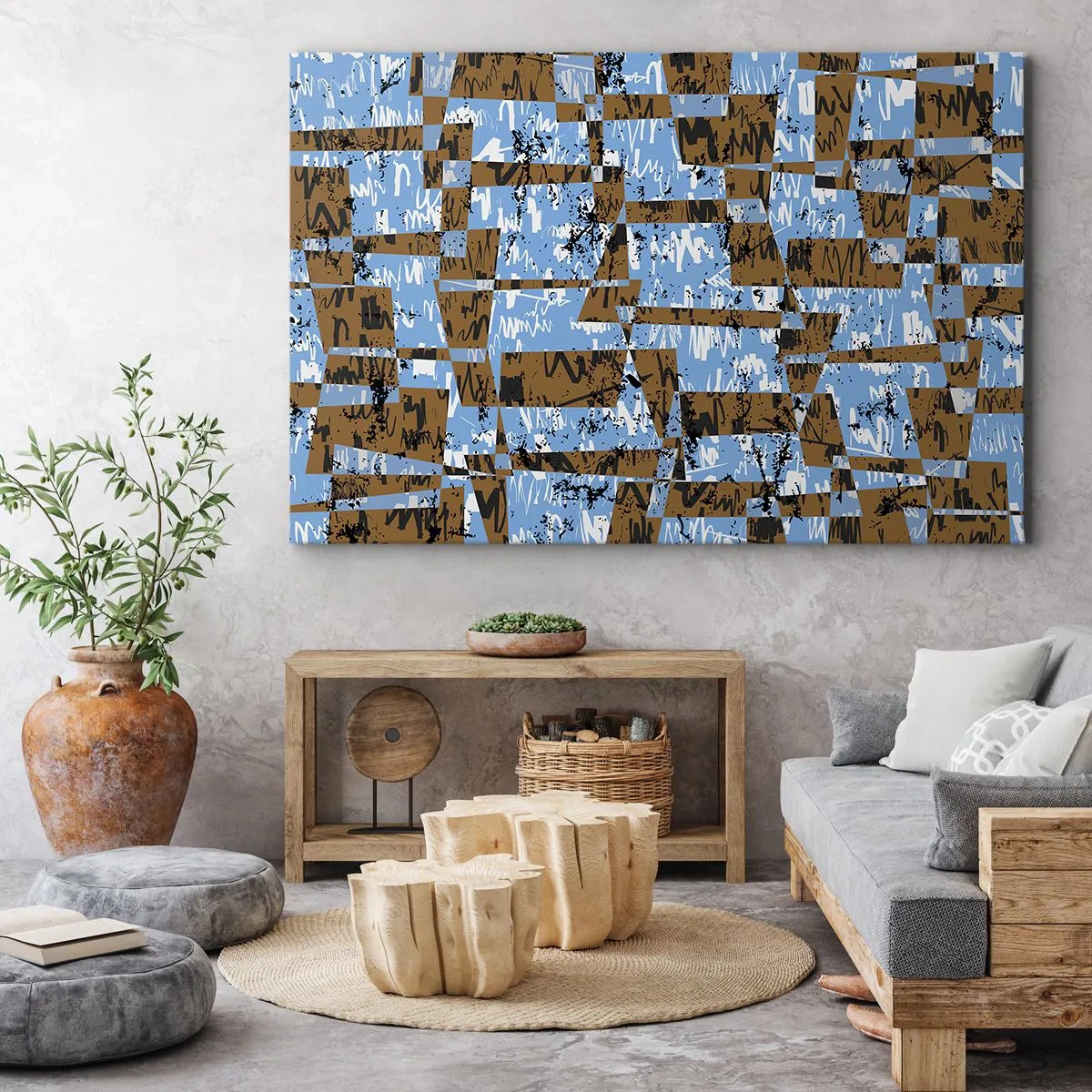 Canvastavla - Bild på duk - En abstrakt komposition av rektanglar i nyanser av brunt och blått. - 70x50cm - Icke-folkligt urklipp - Modern väggdekoration för vardagsrum och sovrum ARTTOR