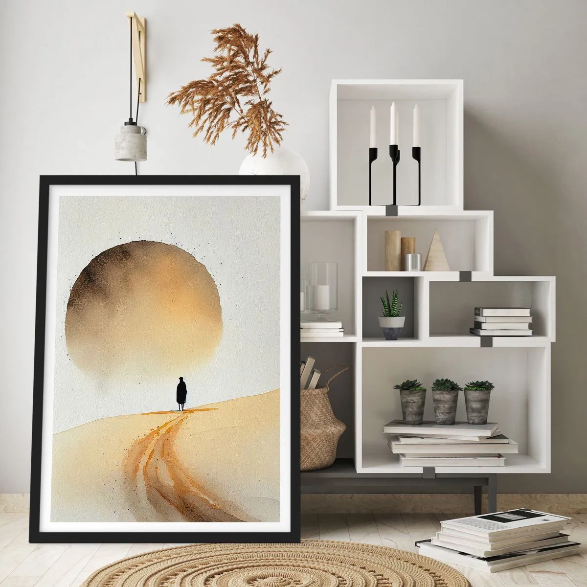 Affisch i svart ram - Silhuetten av en resenär på en ökenväg - 50x70cm - Alltid längtande - Modern väggdekoration för vardagsrum och sovrum ARTTOR
