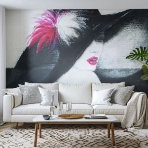 Fototapet Standard Eco - Alltid hemlighet - Kvinna I En Hatt, Kvinnans ansikte, röda läppar - 250x175 cm