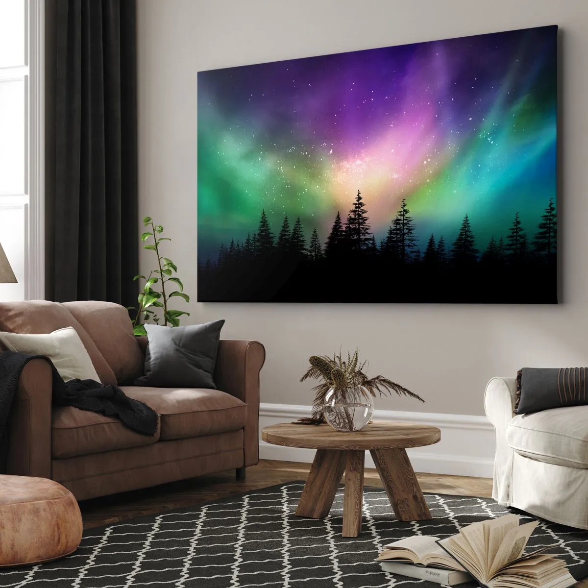 Canvastavla - Bild på duk - Aurora Borealis över en skog med stjärnhimmel - 70x50cm - Vita magin - Modern väggdekoration för vardagsrum och sovrum ARTTOR