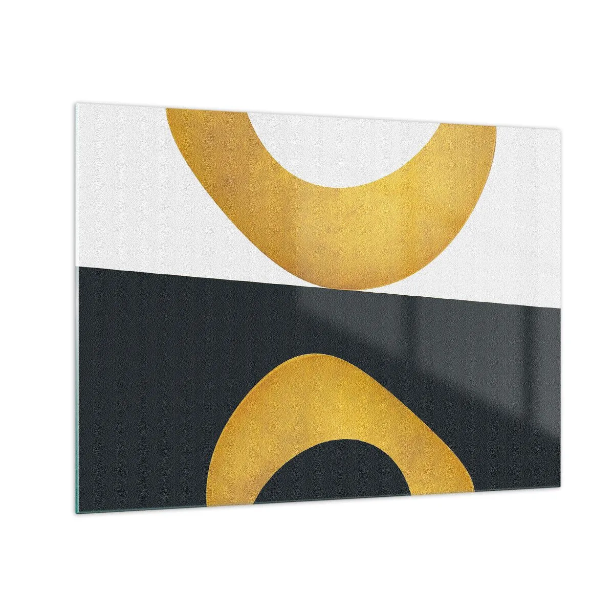 Glastavla - Bild på glas - Gyllene geometriska former på en vit och svart bakgrund - 70x50cm - Öfr det första: guld - Modern väggdekoration för vardagsrum och sovrum ARTTOR