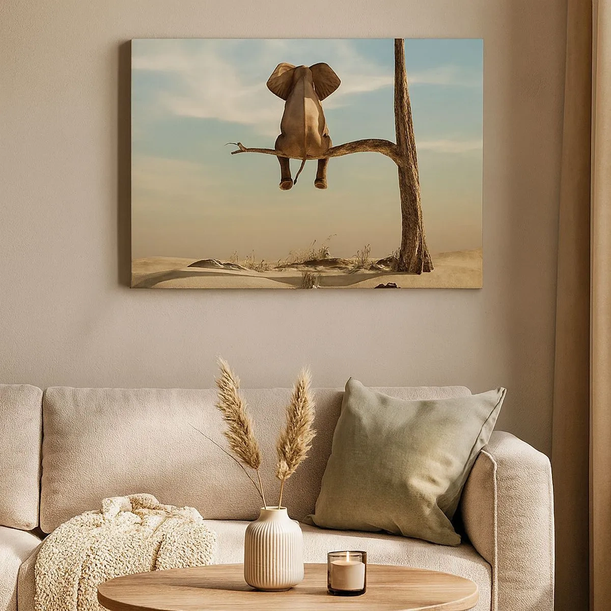 Canvastavla - Bild på duk - En elefant som sitter på en gren med utsikt över ett ökenlandskap - 70x50cm - Ny synvinkel - Modern väggdekoration för vardagsrum och sovrum ARTTOR