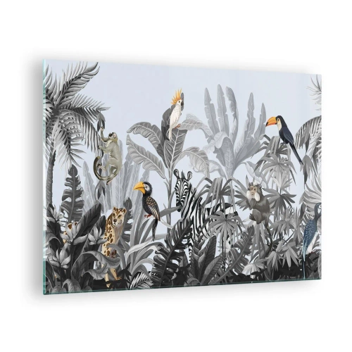 Glastavla - Bild på glas - Exotiska djur i en svartvit djungel mot en ljus bakgrund - 70x50cm - Afrikansk saga - Modern väggdekoration för vardagsrum och sovrum ARTTOR