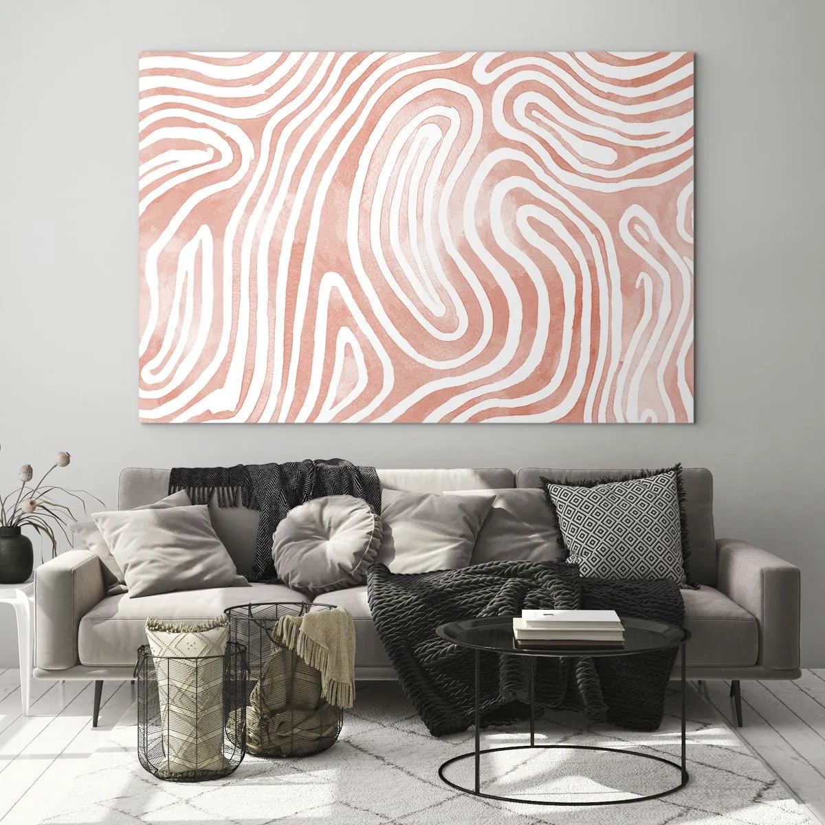Glastavla - Bild på glas - Abstrakt mönster i vita och korallfärgade nyanser - 70x50cm - I en labyrint av koraller - Modern väggdekoration för vardagsrum och sovrum ARTTOR