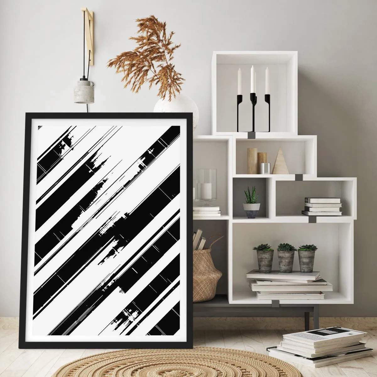 Affisch i svart ram - Minimalistisk svartvit abstraktion med geometriska linjer - 50x70cm - Intensiv och dynamisk komposition - Modern väggdekoration för vardagsrum och sovrum ARTTOR