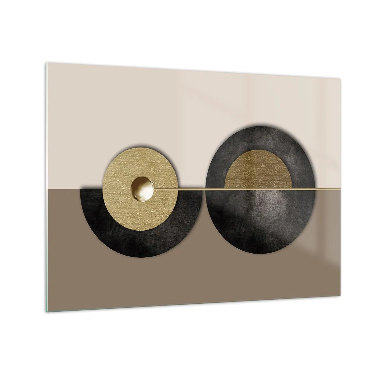 Glastavla - Bild på glas - Geometriska cirklar i guld och svart på en beige bakgrund - 70x50cm - Variationer runt en cirkel - Modern väggdekoration för vardagsrum och sovrum ARTTOR