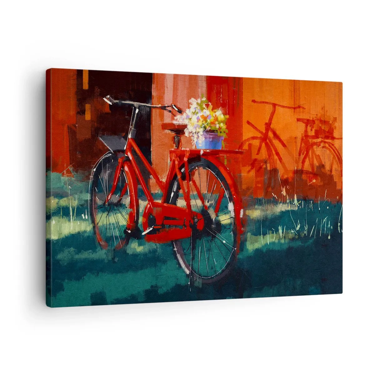 Canvastavla - Bild på duk - En röd cykel med blommor mot en orange vägg - 70x50cm - I want to ride my bicycle - Modern väggdekoration för vardagsrum och sovrum ARTTOR