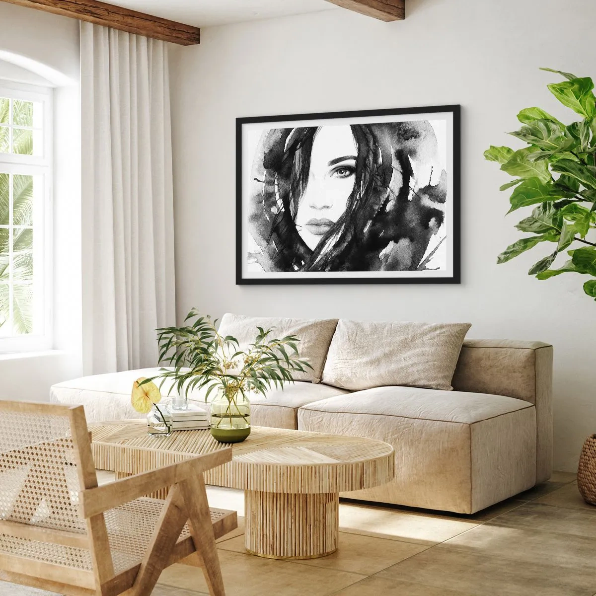 Affisch i svart ram - En damportätt i svart och vit - 100x70 cm