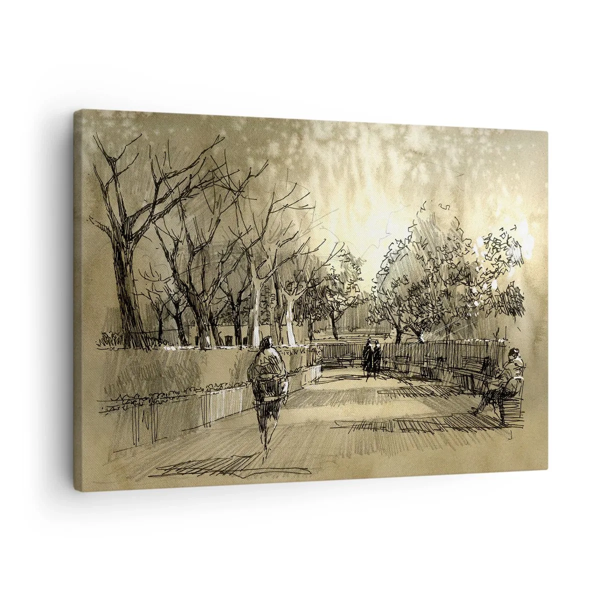 Canvastavla - Bild på duk - En tecknad scen av en park med människor som går i varma toner. - 70x50cm - En stund fångad med penna - Modern väggdekoration för vardagsrum och sovrum ARTTOR